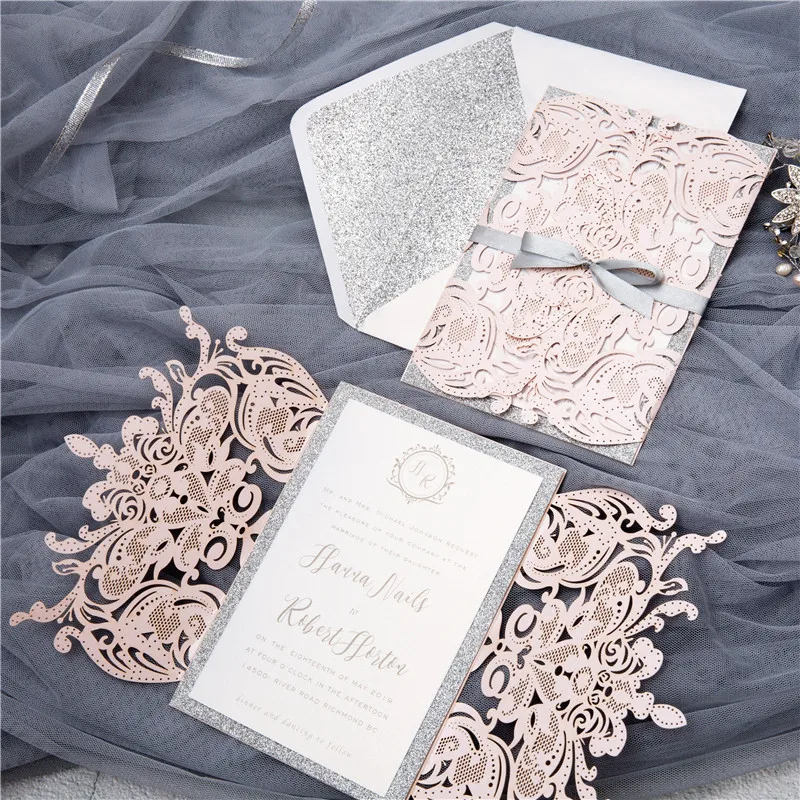 

(10 pieces/lot) European High-end Pink Wedding Invitation Card Laser Floral Gold Glittering Engagement Baptism Invitations IC120