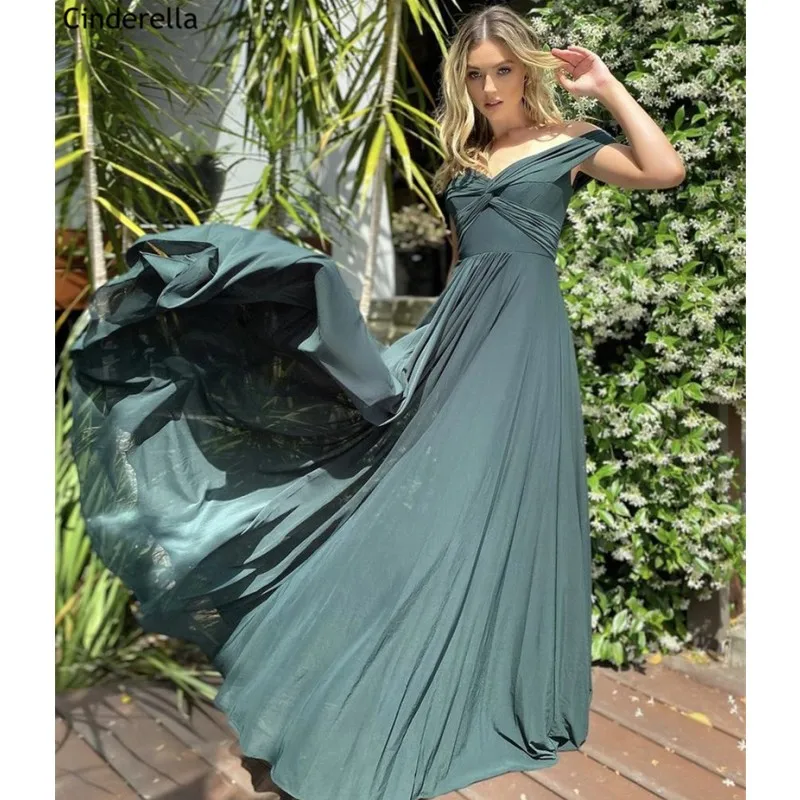 

Chiffon Prom Dresses V-Neck Off The Shoulder Floor Length A-Line Zipper Back Hand Made Prom Dresses vestidos de fiesta de noche