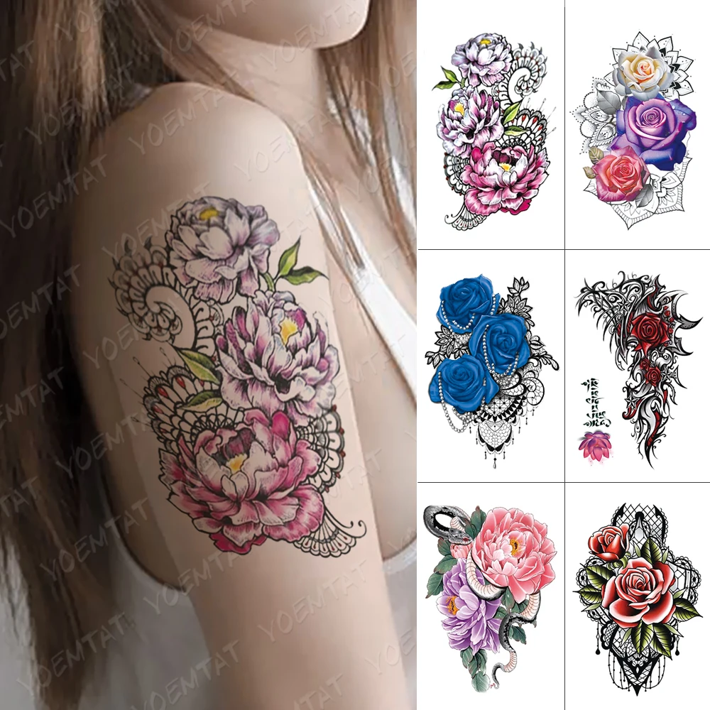 

Waterproof Temporary Tattoo Sticker Totem Peony Lace Flash Tattoos Rose Flower Body Art Arm Water Transfer Fake Tatoo Women Men