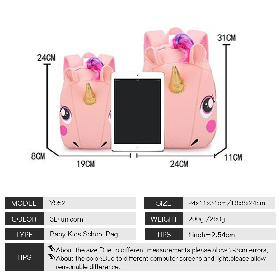 

Cute Unicorn Toddler School Bag for Kids Anti-lost Kindergarten Cartoon 3D Unicorn Baby Child Small ulight Backpack Neoprene Bag