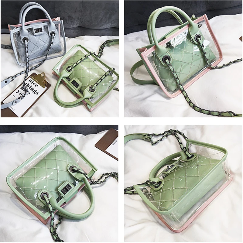 

Women Transparent Composite Bag Casual Handbag Flap Bag Solid PVC Square Shoulder Crossbody Bags For Ladies Girl Phone Purses