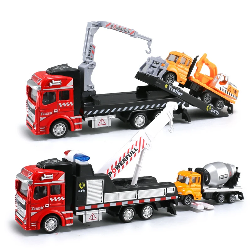 Crane Trailer With Engineering Vehicle Alloy Pack Back Excavator Cement Mixer Car Toy For Children Boys Y195
