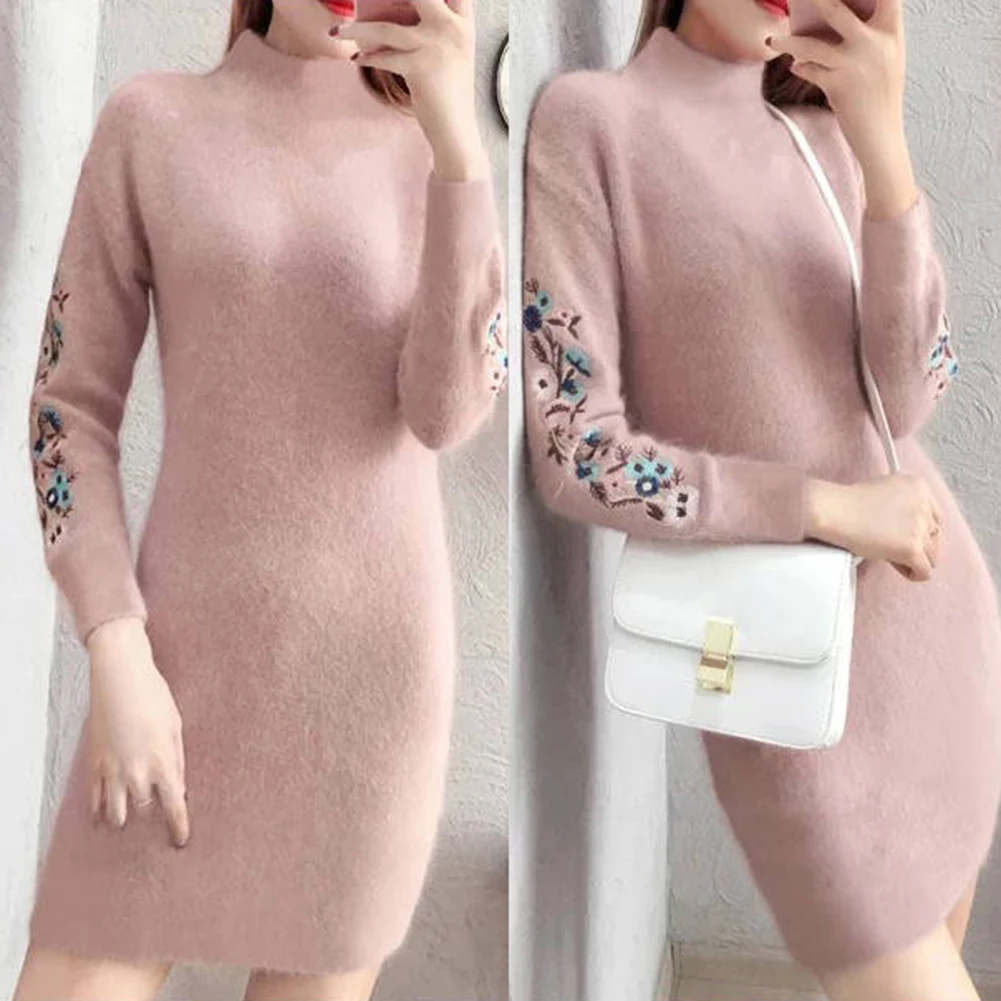 Зимнее женское Повседневное трикотажное мини платье свитер с цветочной вышивкой