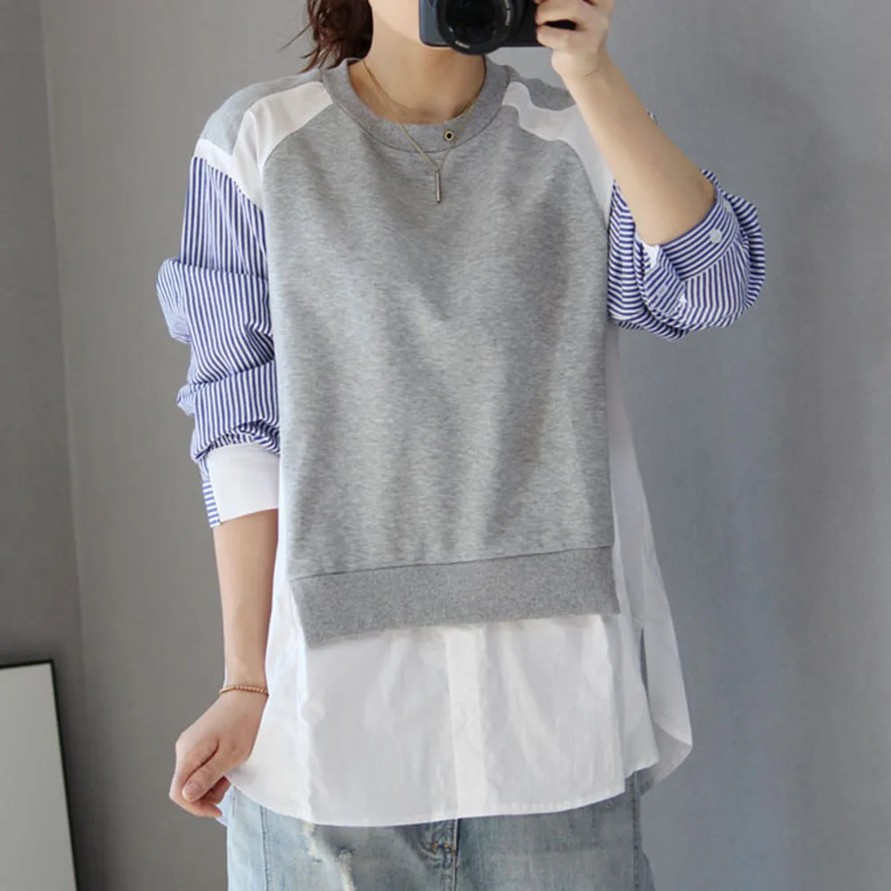 

Korean Fashion Autumn New 2021 Commute Color Contrast Splicing Blouse Round Neck Long Sleeve Fake Two Loose Casual