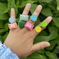lost lady cute simile face green leaf sugar transparent rings for women fashion girls candy color resin ring wholesale jewelry