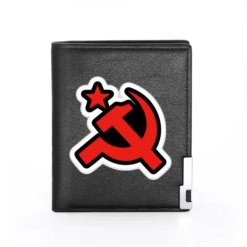 

Classic Soviet Red Star Sickle Hammer Printing Leather Wallet Men Bifold Credit Card Holder Short Purse Male