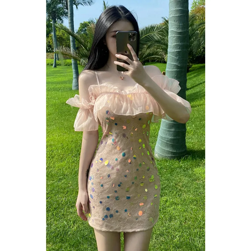 

2021 New Women's Sexy Ruffled Sling Tube Top Short-Sleeved Sequined A-Line Wweet Mini Dress