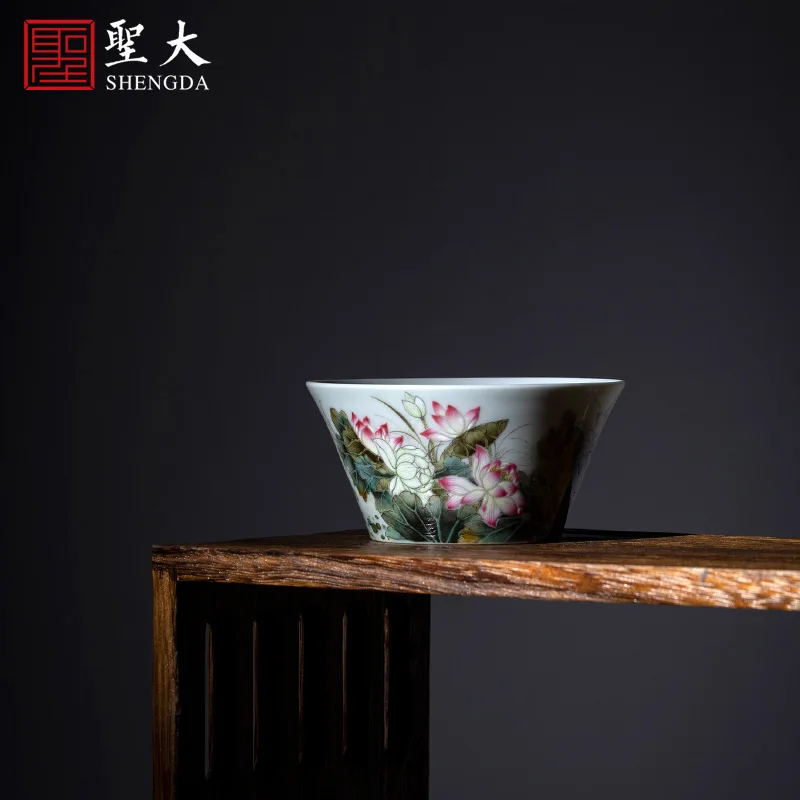 

Shengda ceramic kungfu tea cup hand painted pink flowers Bihe Qinglian picture horseshoe Cup host cup Jingdezhen tea set