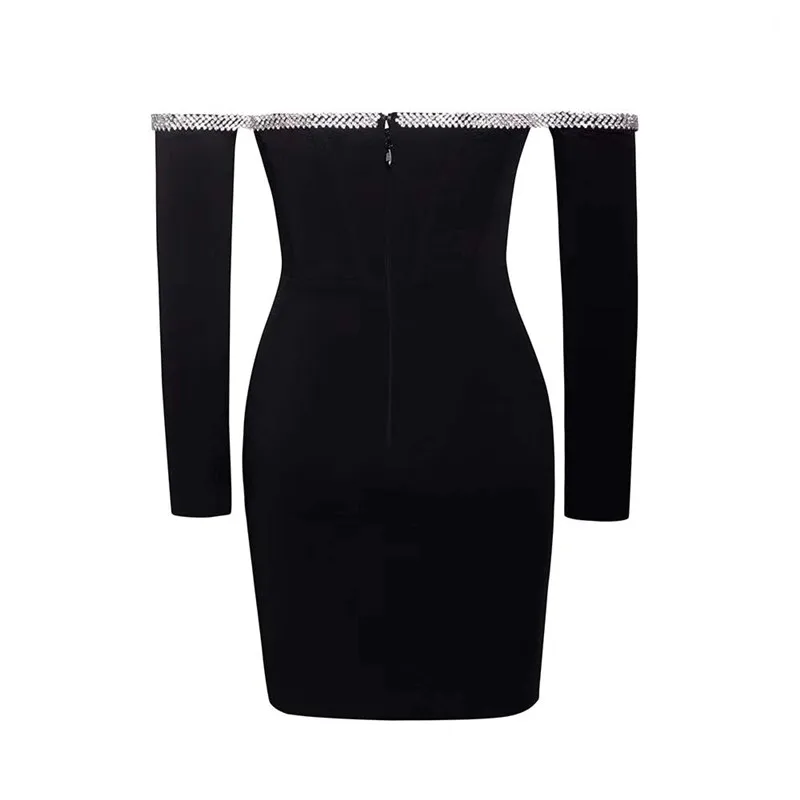 

2020 New Women Black Long Sleeve Slash Neck Beading Vestidos Mini Celebrity Evening Party Bandage Dress Wholesale