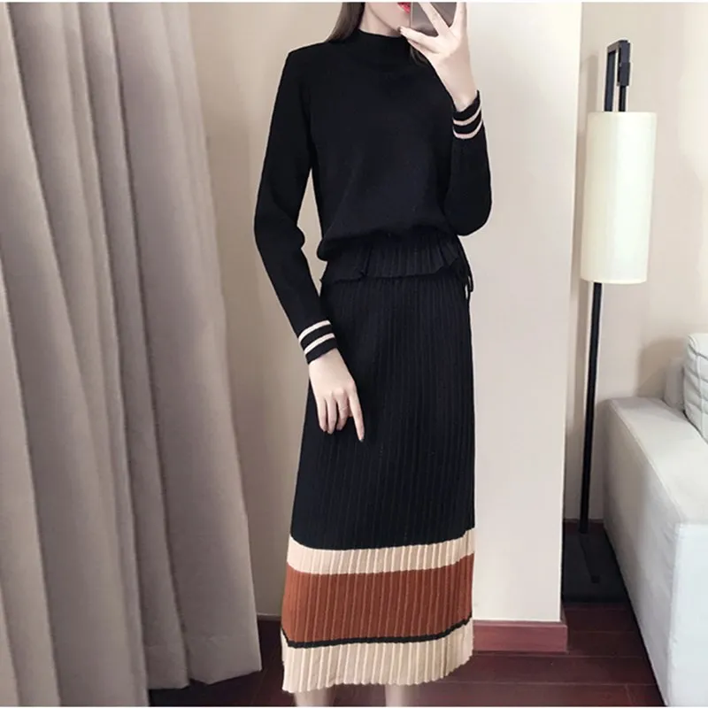 Осенне зимние повседневные теплые вязаные костюмы Свободный пуловер свитер юбки