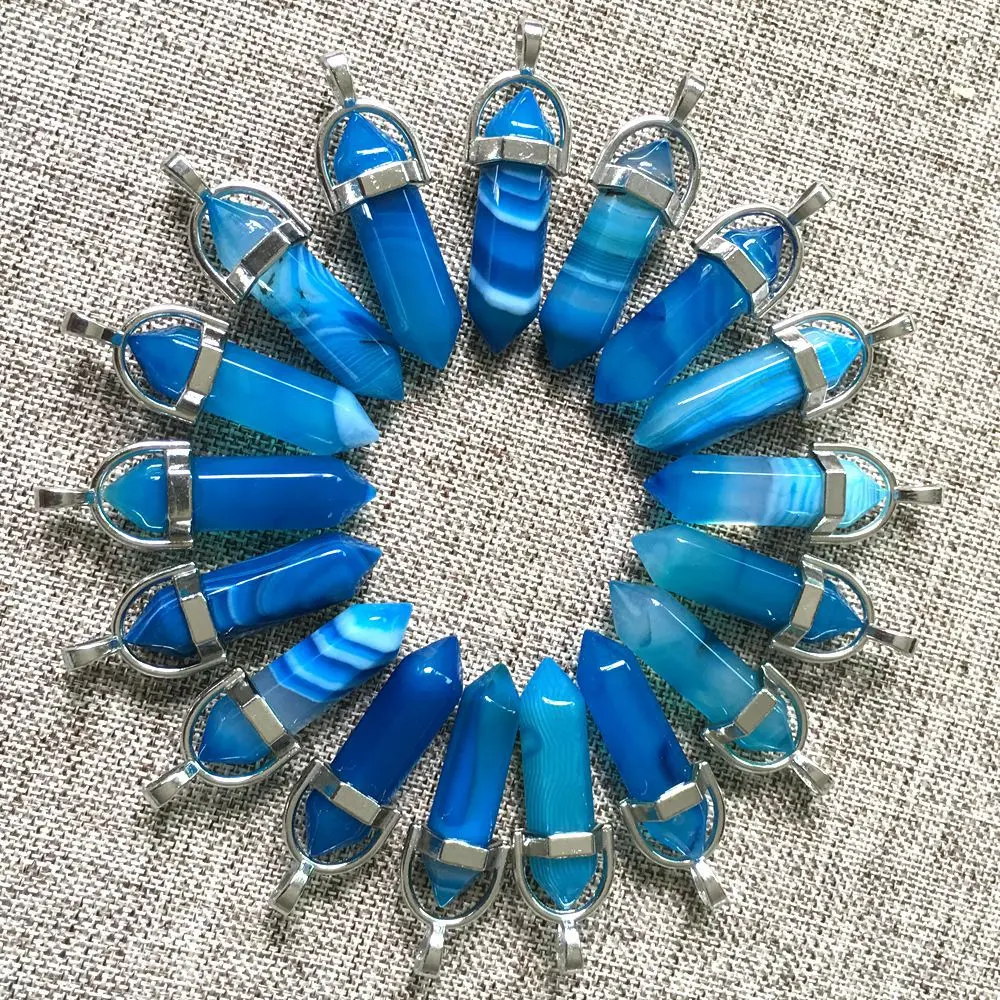 

32X8mm Hexagonal Column Blue Agate Charms Pendants For Diy Earrings Necklace Jewelry Making