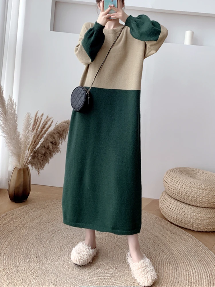 

TIGENA Loose Long Sweater Dress Women 2021 Fall Winter Korean Casual Contast Straight Lantern Sleeve Knitted Dress Female