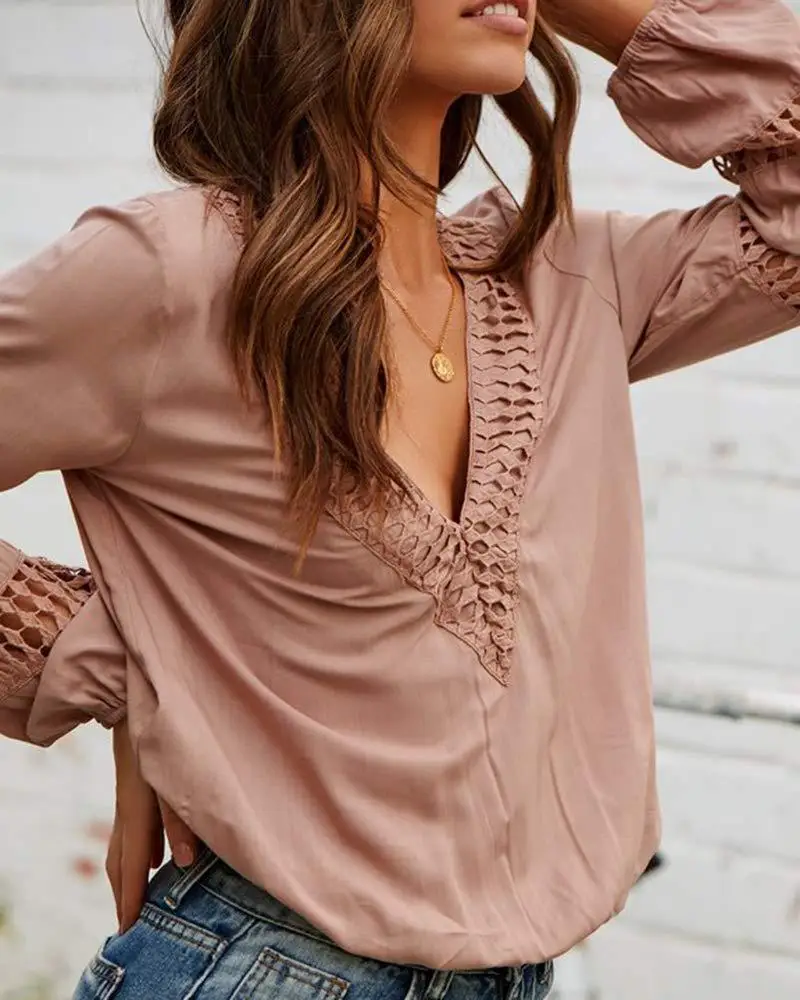 

2020 Sexy Tops Women Long Sleeve Loose T-shirt Summer Women Casual T-shirts V-neck Top Hollow-out Lantern Sleeve T-shirt
