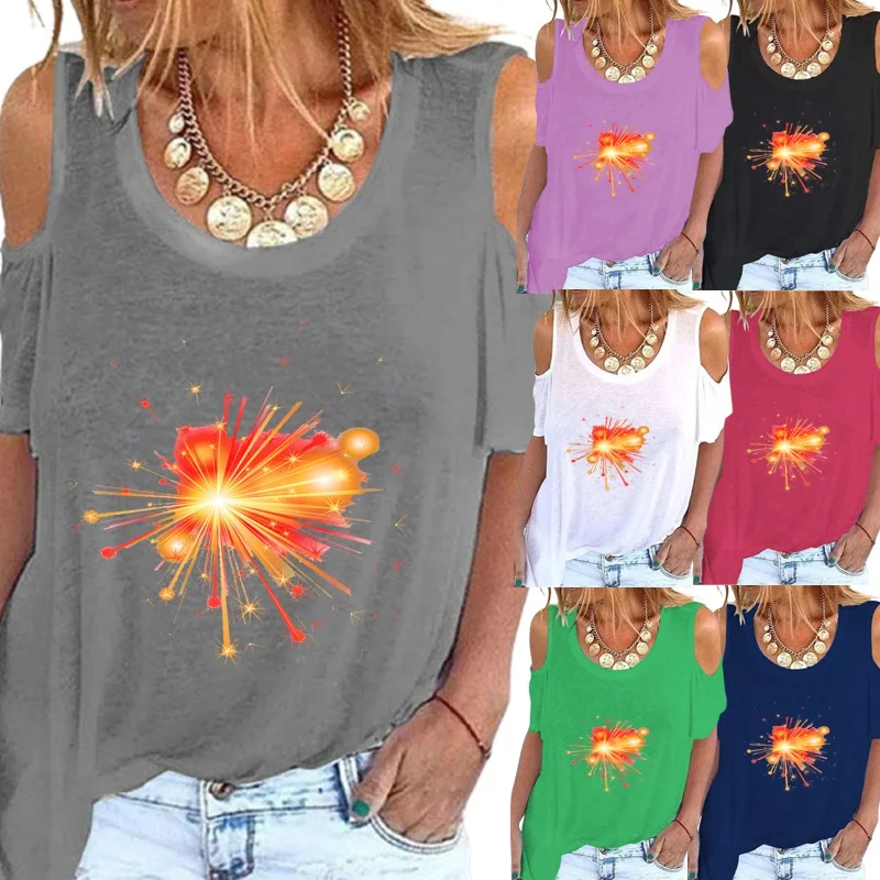 

Plus Size Women's New Fashion Summer Short Sleeve Round Neck T-shirt Casual Printing Tops Ladies Off Shoulder Beach Wear Blouse