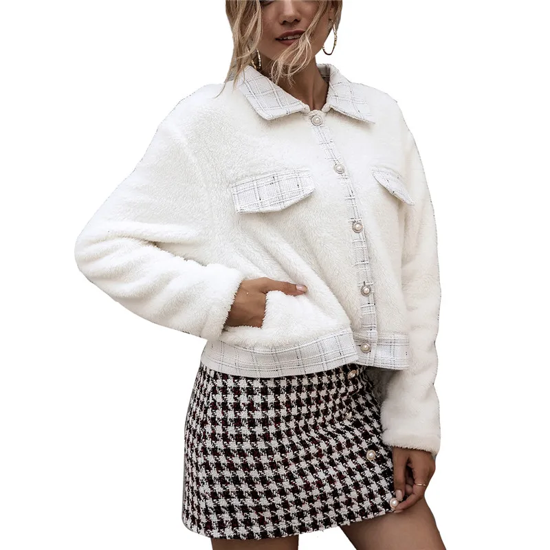 

hirigin Women Retro Plush Buottoned Jacket Coat Streetwear Casual High Waist Outfits Lapel Collar White Clothing Jackets