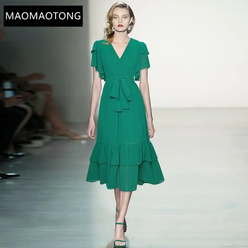 

Fashion Runway Designer Summer Green Midi Dress Women's Elegant V-neck Ruffles Short Sleeve Dress