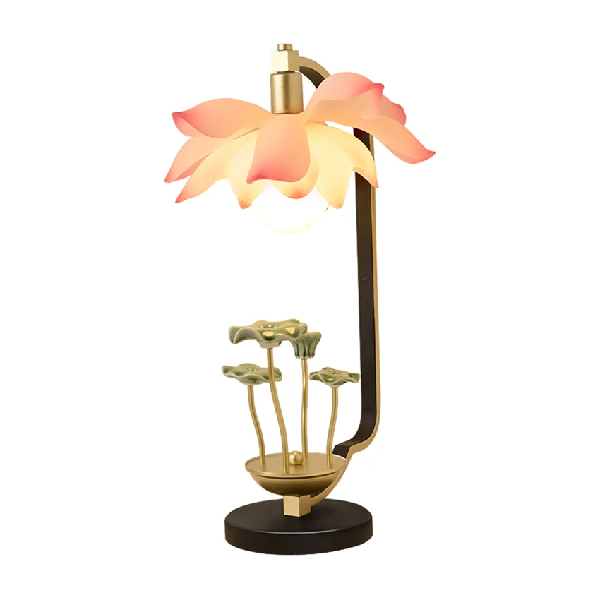 

New Chinese Lotus Resin Iron Table Lamps Study Decoration Living Room Bedroom Bedside Table Lights Art Zen Lamp Deco Lighting