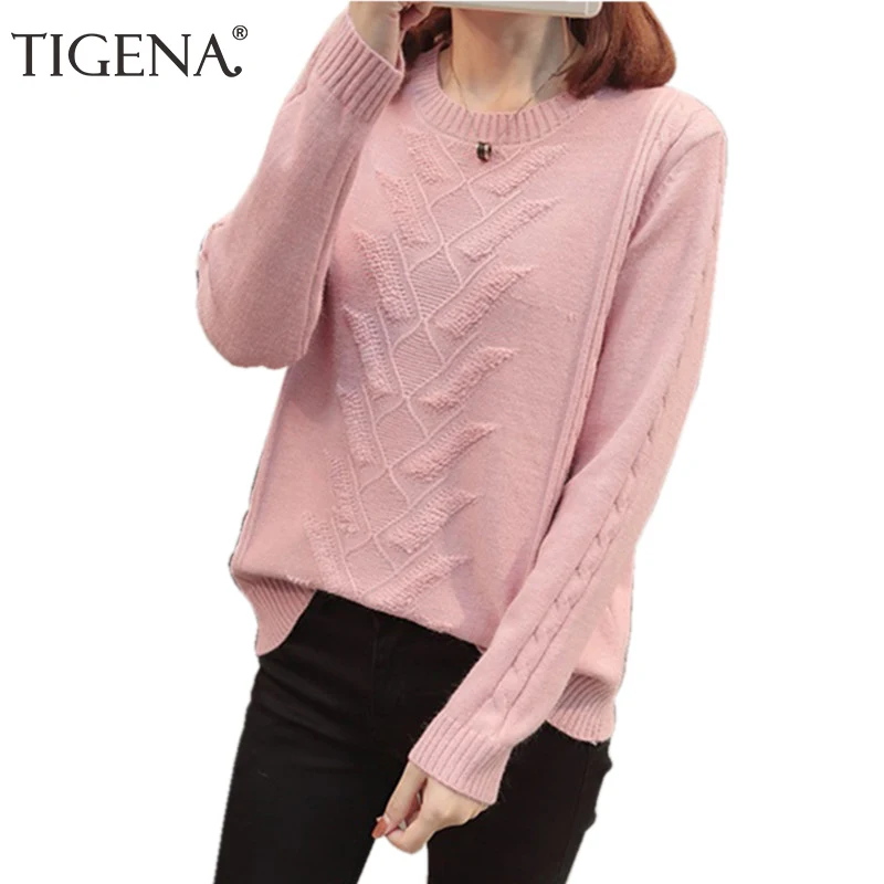 TIGENA Thicken Warm Loose O-neck Sweater Women 2019 Autumn Winter Long Sleeve Knitted Pullover Female Jumper Tops | Женская одежда