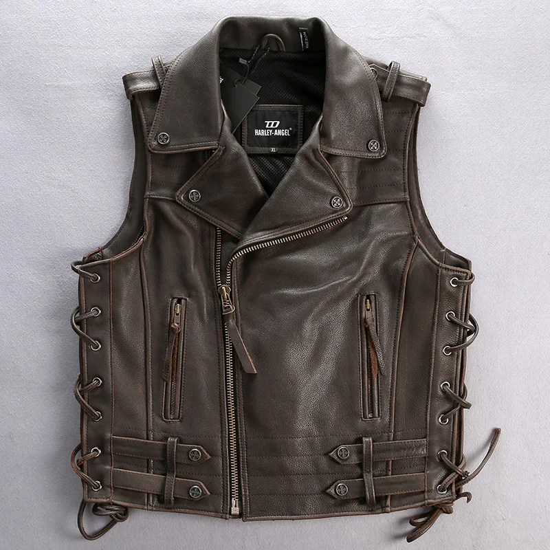 

2021 men's vintage lapel rivet adjustable waist motorcycle vest men sleeveless cow leather biker jacket male