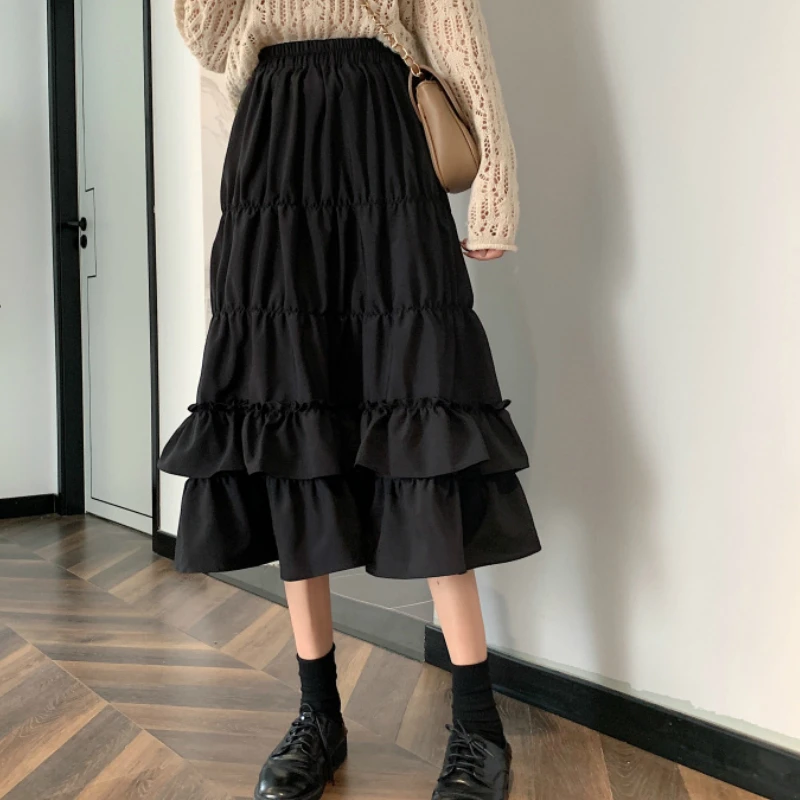 

Vintage High Waisted Skirt Women Spring Autumn Teens School Girls Frill Pleated Ruffles Patchwork Long Midi Black Goth Skirts