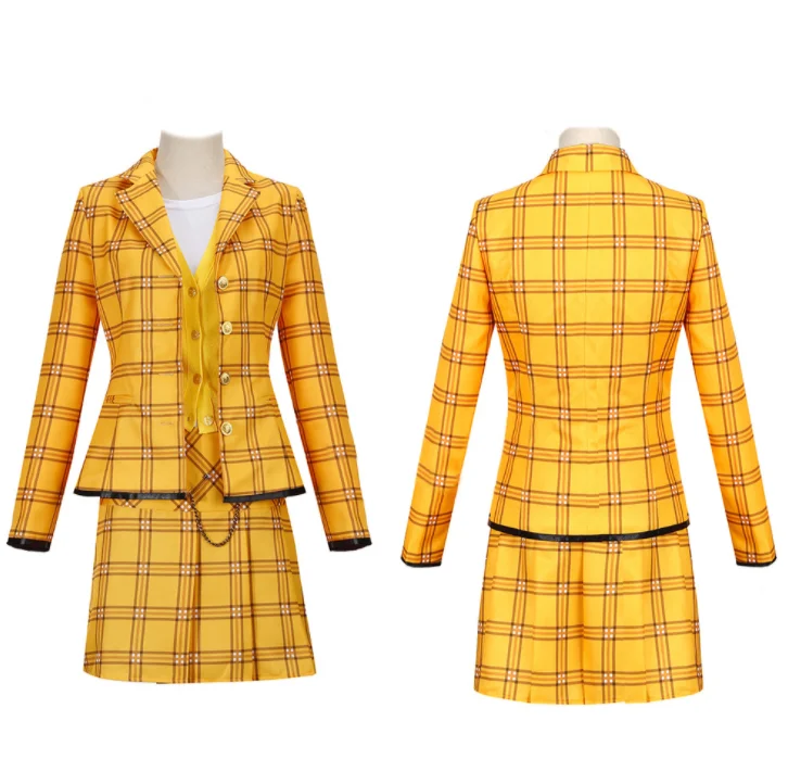 Movie clueless Cher Horowitz Cosplay clothing adult women's yellow Plaid Uniform Skirt Set T-shirt coat socks skirt images - 6