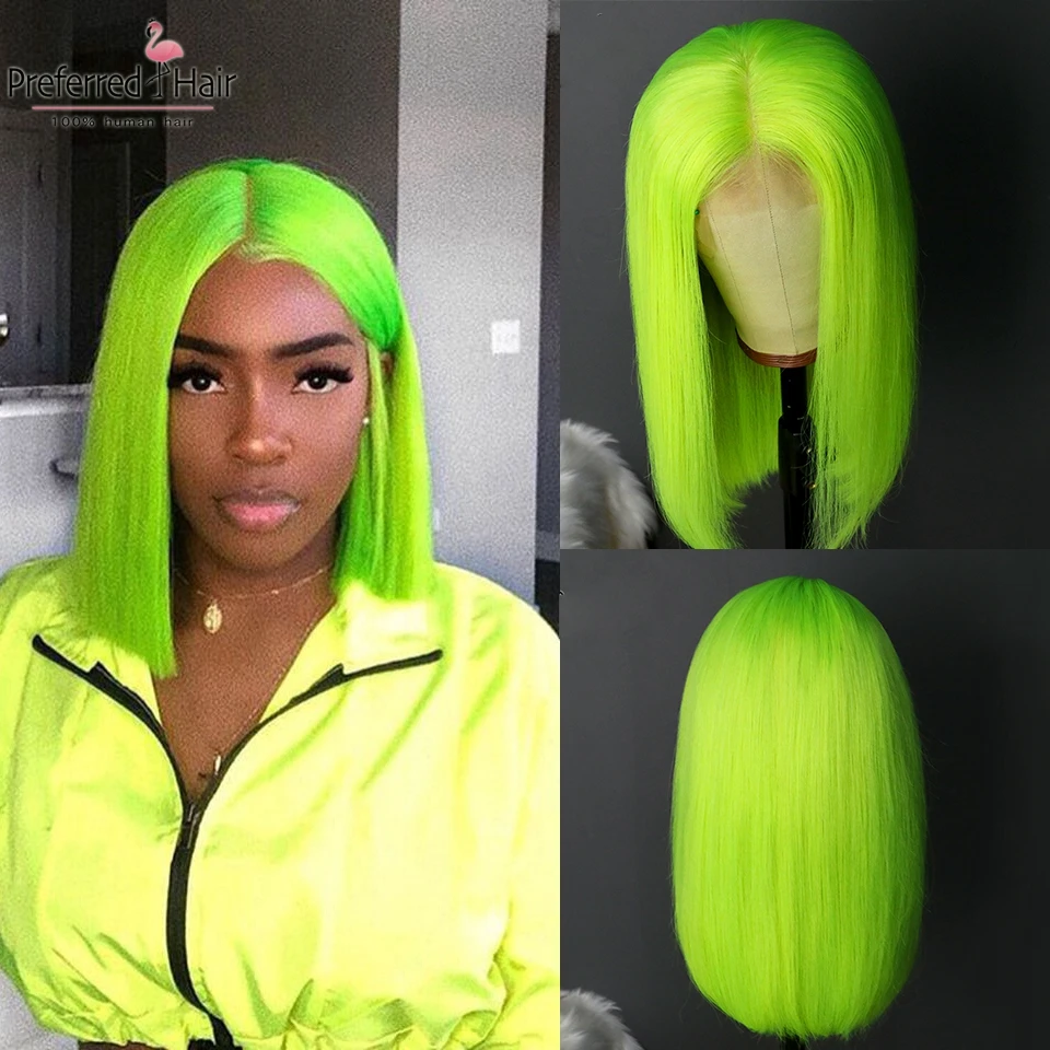 Lime Green Предпочтительный светильник, синий парик, бразильские волосы remy, фиолетовый парик на кружеве, предварительно выщипанные, бесклеевые, короткие человеческие волосы, парики для черных женщин - Цвет: Lime Green
