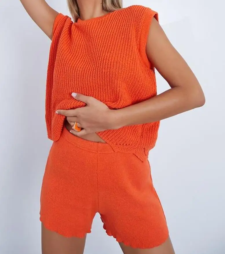 

wsevypo Two Pieces Women Solid Color Knitted Shorts Outfits Sports Loose Tracksuits Round Neck Tank Tops Elastic Waist Shorts
