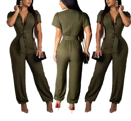 2021 new European and American women's fashion casual temperament sexy features solid color jumpsuit pants with belt