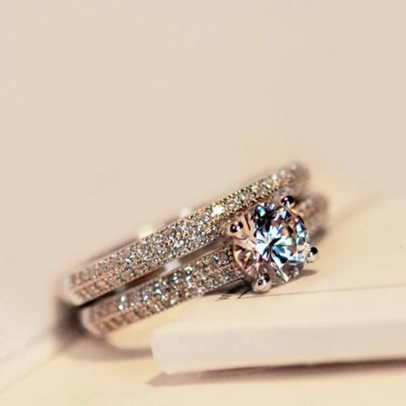 

Роскошный женский комплект свадебных колец с кристаллами 2 в 1 Модный свадебный браслет из серебра 925 пробы ювелирные изделия обещание обруч...