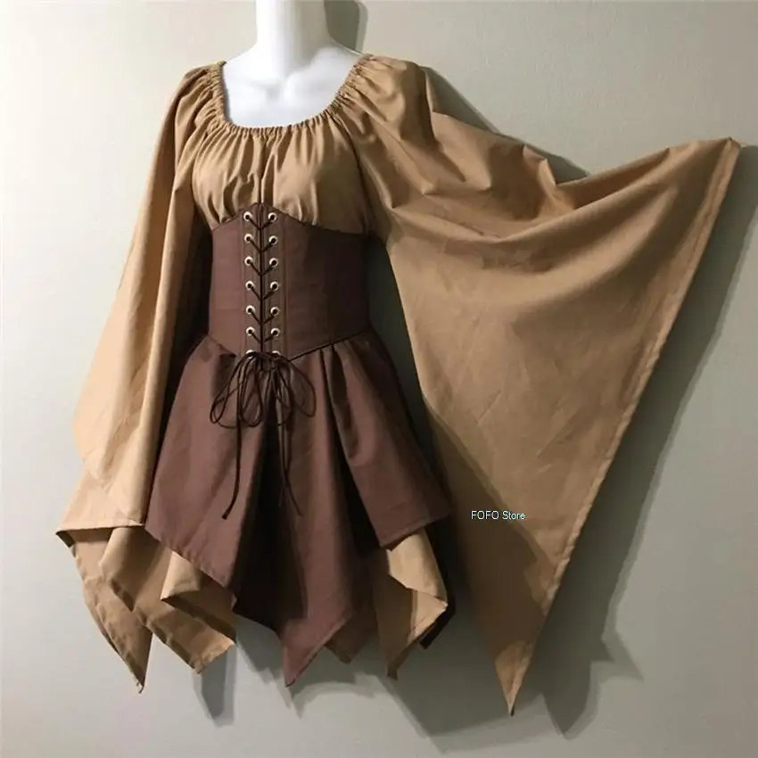 

Renaissance Vintage Palace Victoria Medieval Costume Women Halloween Cosplay Full Sleeve Waist Bandage Ptachwork Dress Party