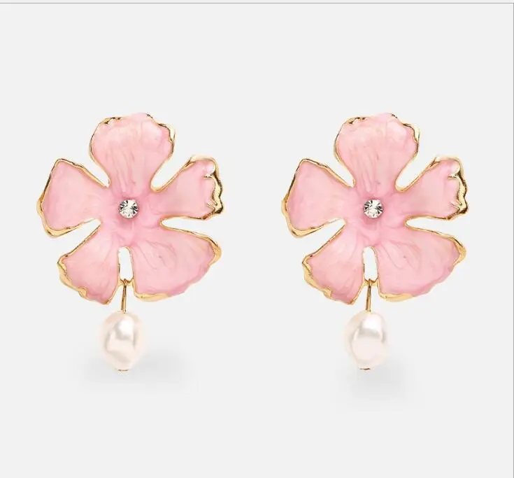 

New geometric pink alloy oil drop flower pearl pendant earrings retro earrings