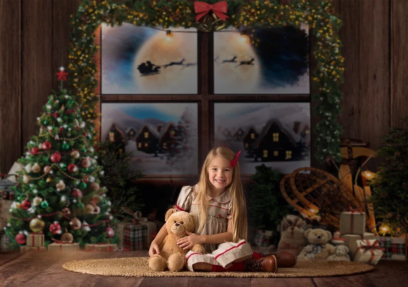 Фон Mehofond с изображением деревенского рождественского окна оленя темная