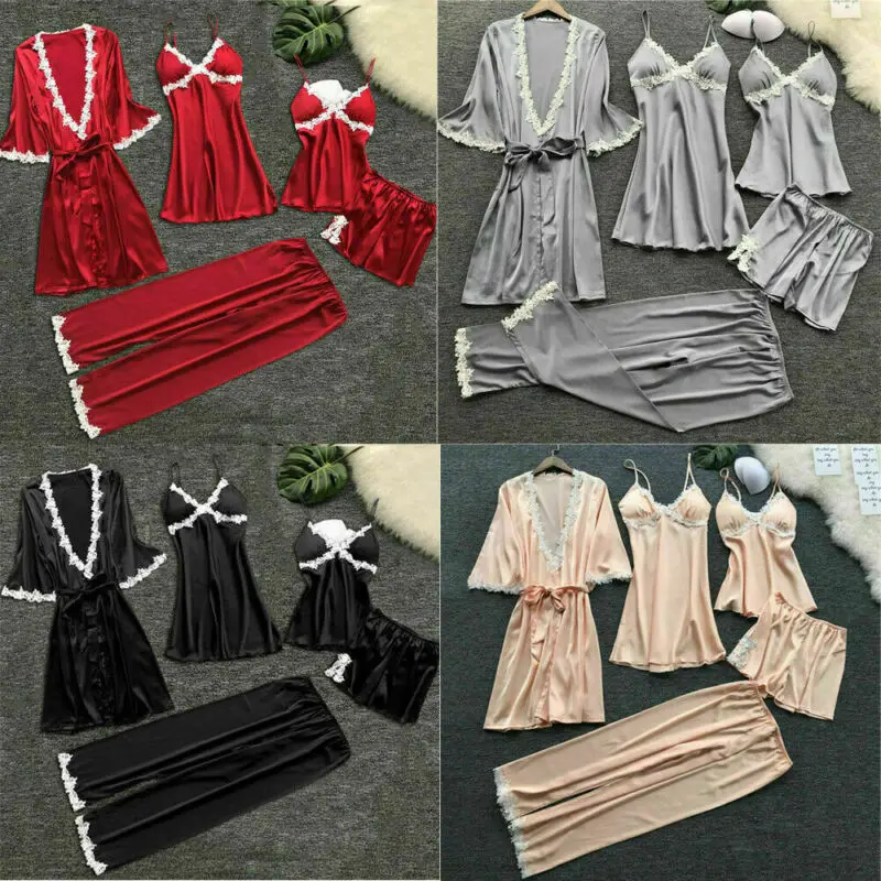 

5pcs Womens Lingerie Lace Silk Babydoll Sleepwear Robe Camisole Shorts Pants Nightwear Bathrobe Pajamas Sets Robe & Gown Sets