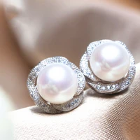 elegant women imitation pearl aaa zircon stud earrings for women wedding engagement jewelry shiny cz crystal flower earring gift