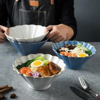 1pc japanese ramen bowl ceramic white blue glazed noodle bowl flower shaped big pasta rice soup bowl microwave safe dinnerware