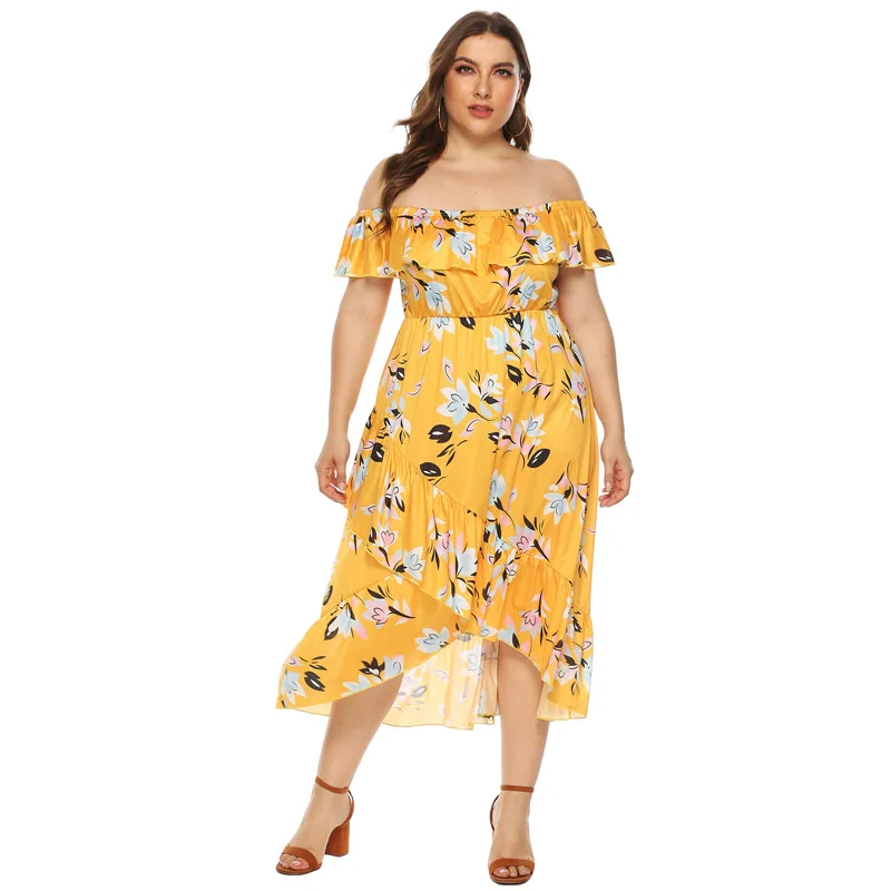 

Sexy Boho Strapless Irregular Floral Print Beach Dress Summer Women Slash Neck Wrapped Waist Vestidos Ruffle Plus Size Dresses