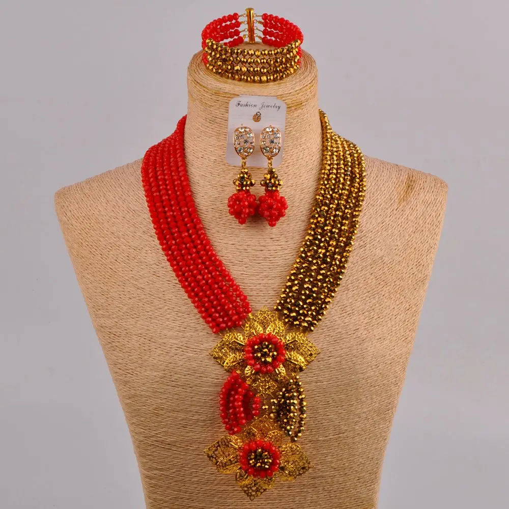 

Fashion Opaque Red Gold Plated crystal necklaces set costume jewelry nigerian wedding african beads jewelry set 6CHL