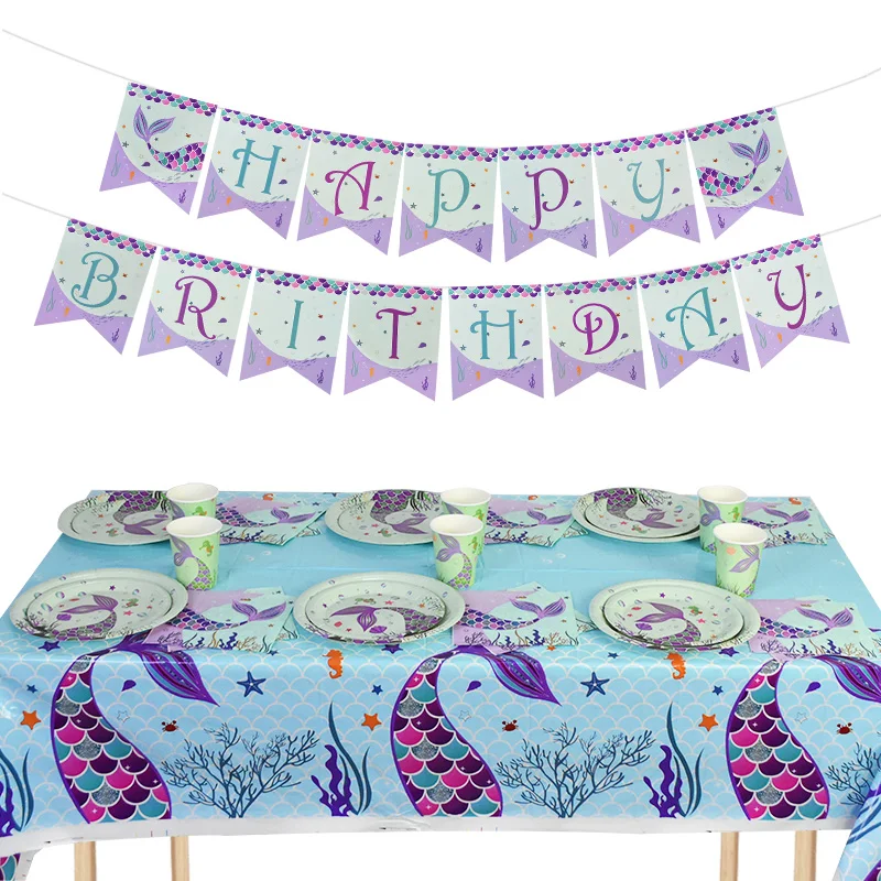 

Mermaid Disposable Birthday Tableware Set Theme Party Plate Cup Banner Under The Sea Baby Shower Happy Birthday Kids Favor Decor