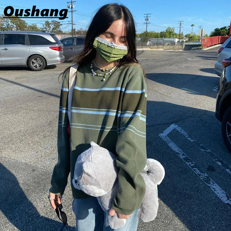 

Green Striped Knitted Pullover Women Y2K Vintage Fashion Sweater Patchwork Female Clothing Casual Jumper Long Sleeve Retro Tops