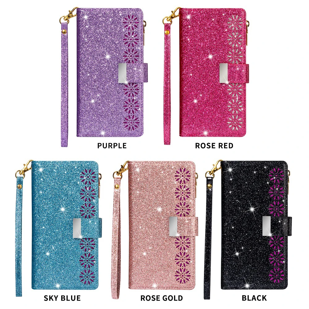 

Bling zipper Phone Case For iPhone 11 12 Pro Max Mini 6 7 8 Plus XR XS MAX wallet cover with strap