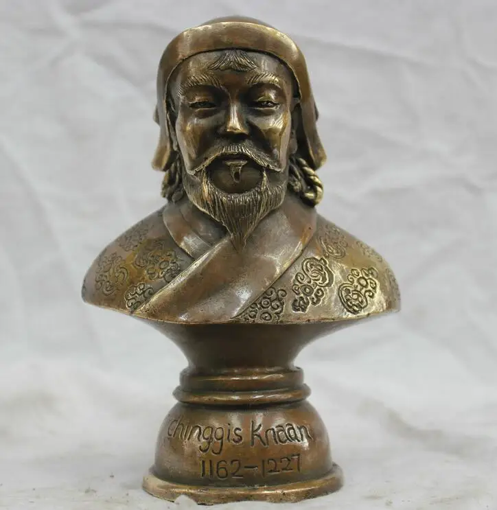 

China Pure Bronze Genghis Khan Bust Statue Carved Auspicious Flowers