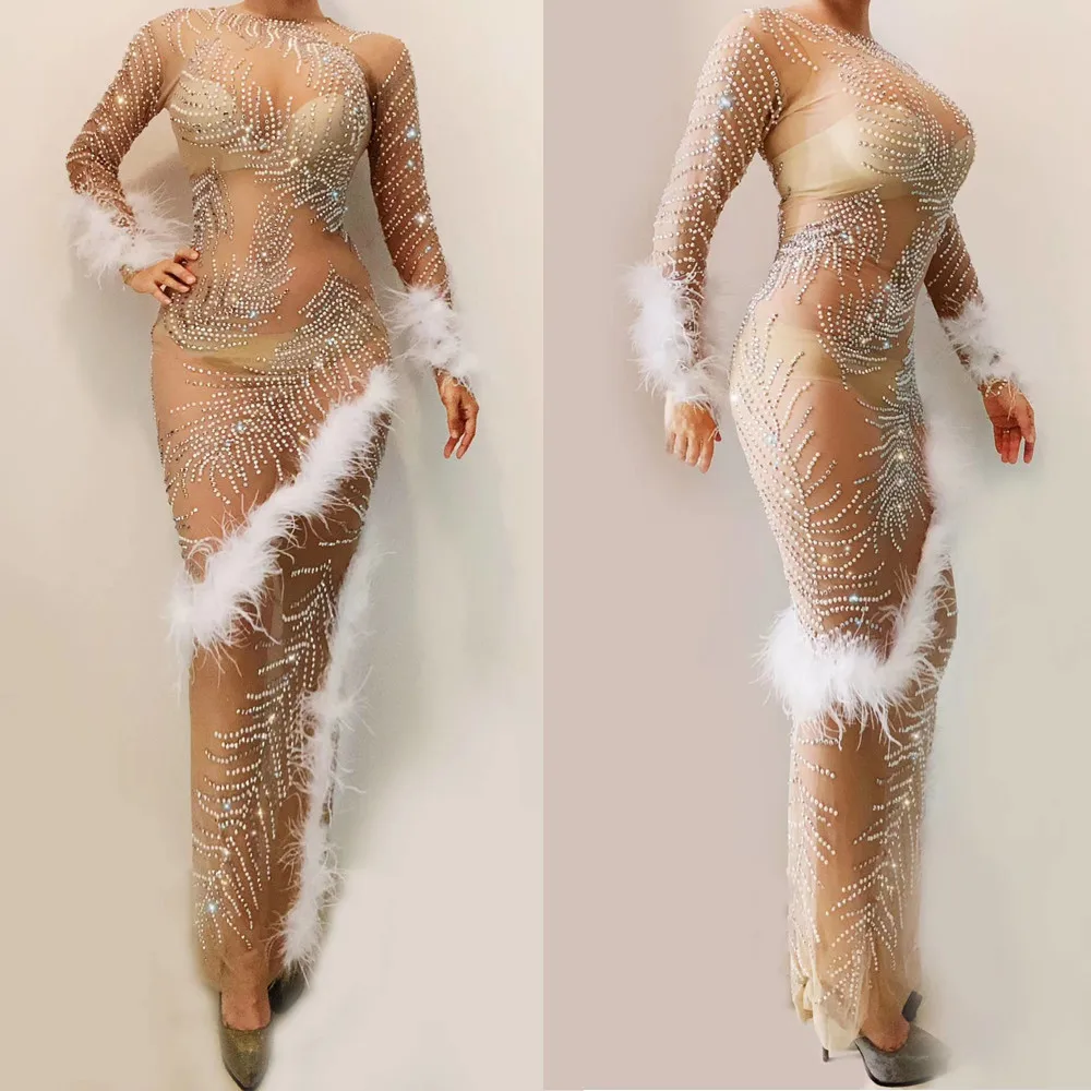 

Sparkly Rhinestones Feathers Perspective Dress Women Sexy Birthday Celebrate Party Long Dresses Nightclub Stage Bodycon Dress