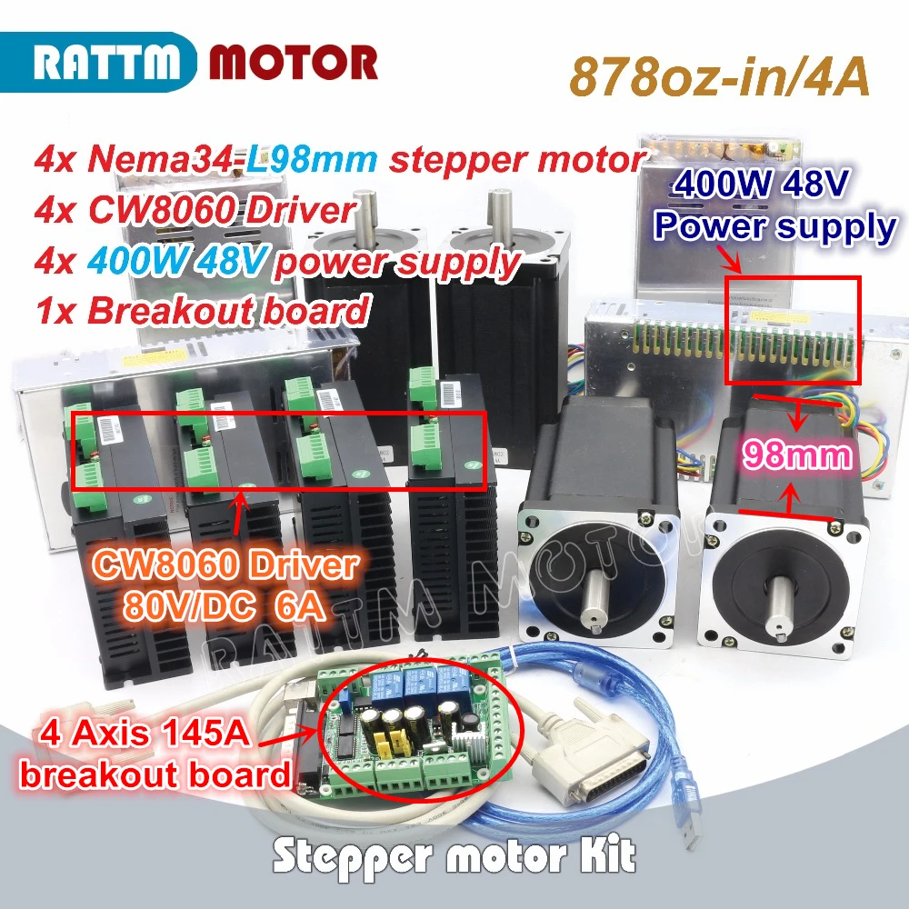 4 осевой шаговый двигатель NEMA34 878oz in с одинарным валом + Драйвер CW8060 6A 80V/DC для