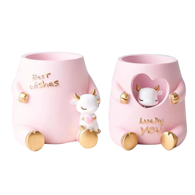 

Resin Craft Pen Holder Cute Animal Cow Office Desk Pencil Organizer Decoration