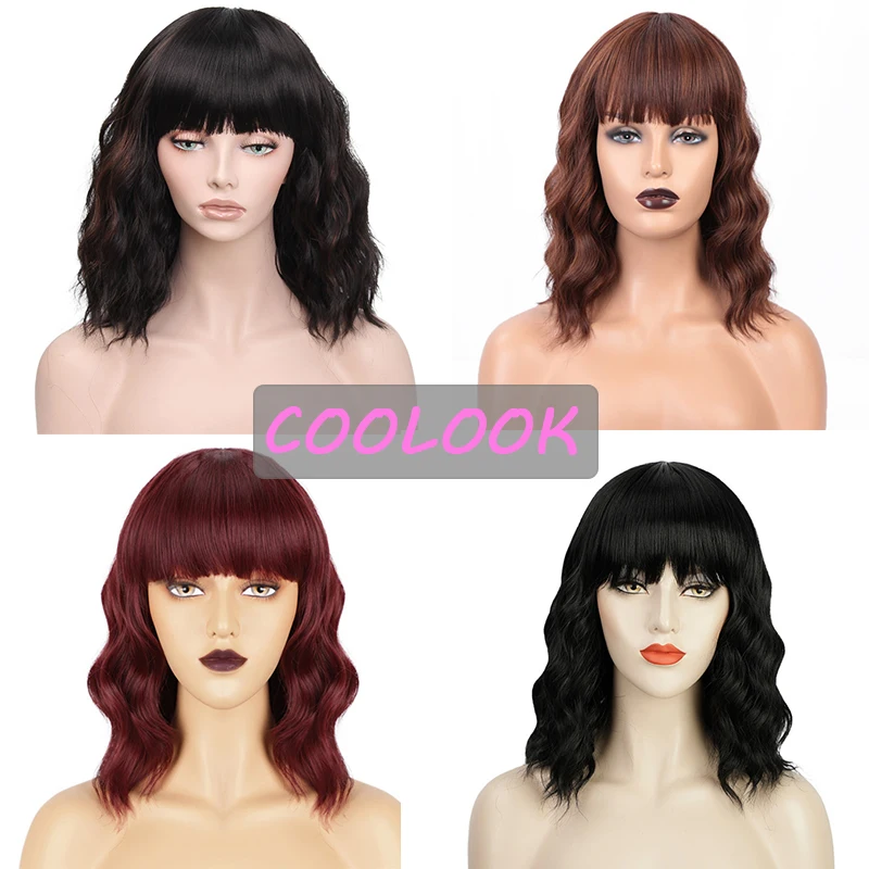 

Short Wave Wig with Bangs 14''brown Burgundy Natural Wavy Lolita Wig for Black Women Synthetic Fibre Fake Hair Daily Cosplay Wig