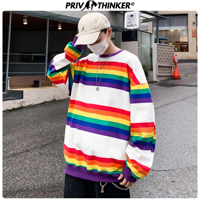Privathinker мужские модные радужные полосатые толстовки с круглым вырезом Свободные