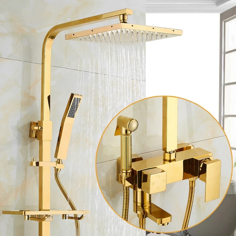 Роскошный Золотой латунный Смеситель для ванной комнаты настенный ручной