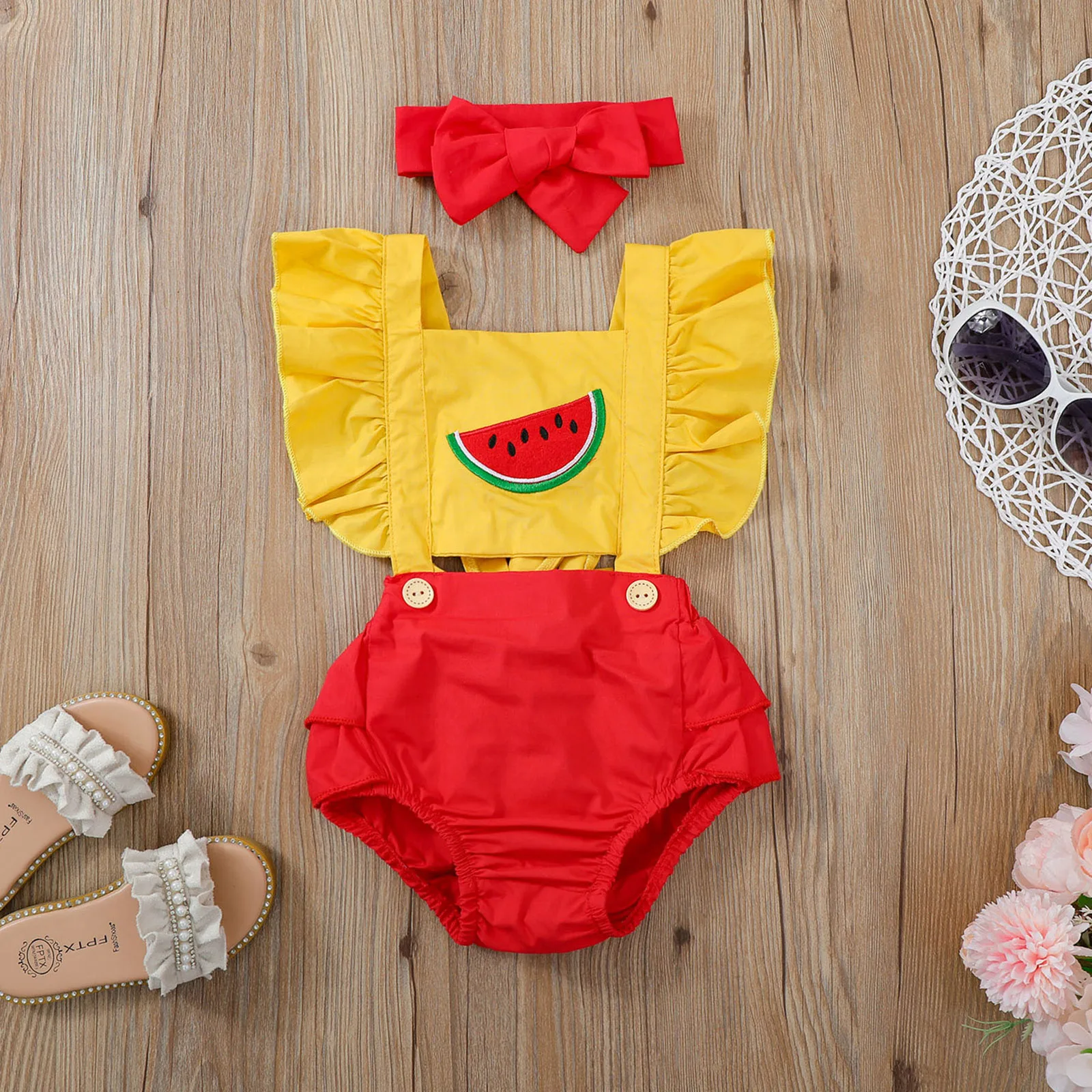 

Летнее боди для маленьких девочек s, повседневный комбинезон с рукавами-летячими рукавами, милый бандажный комбинезон с вышивкой арбуза и п...