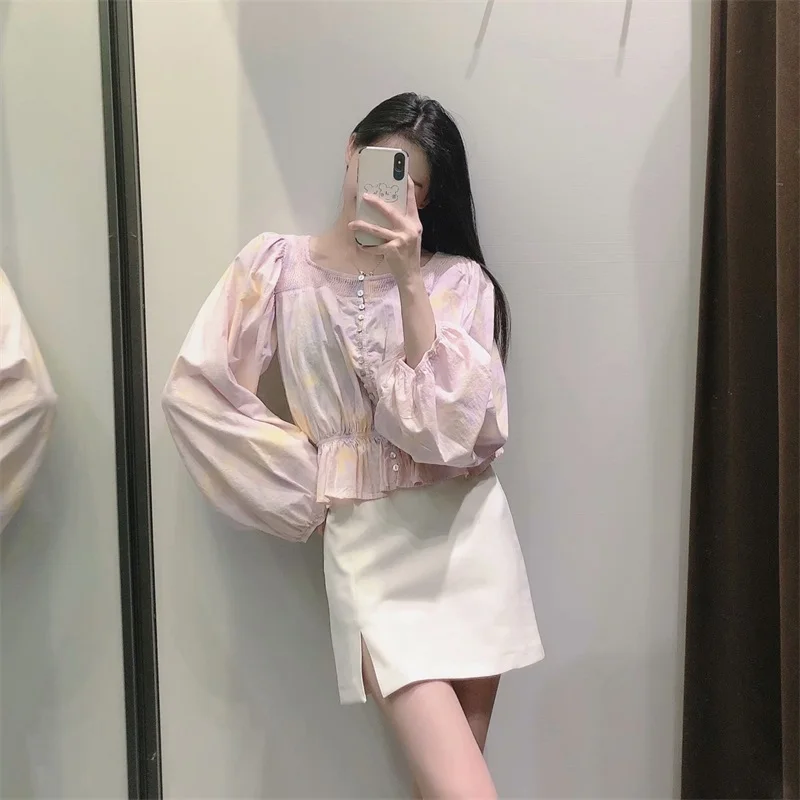 

ZXQJ Women 2021 Fashion Tie-dye Print Cropped Blouses Vintage Long Sleeve Elastic Hem Female Shirts Blusas Chic Tops