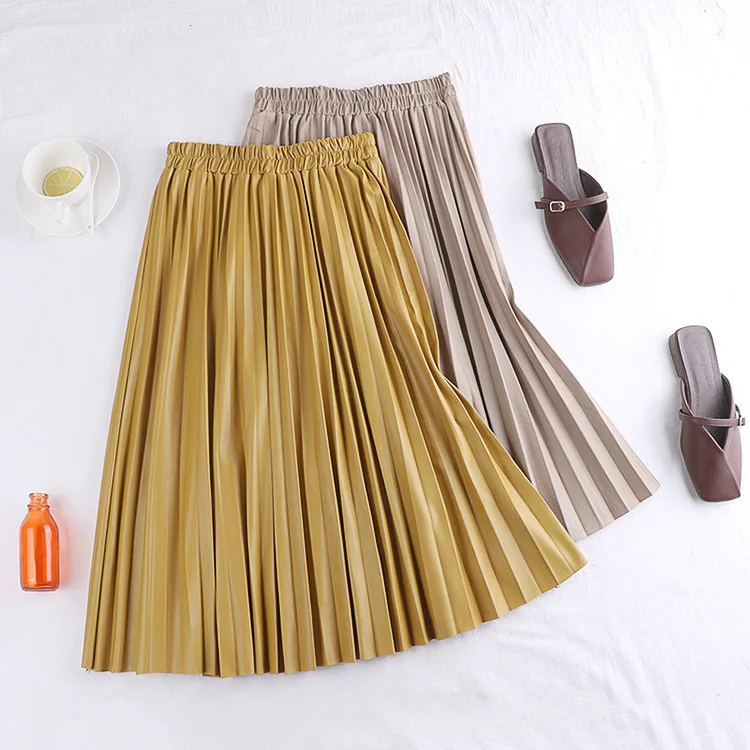 Женская плиссированная юбка из ПУ кожи длинная трапециевидной формы с высокой